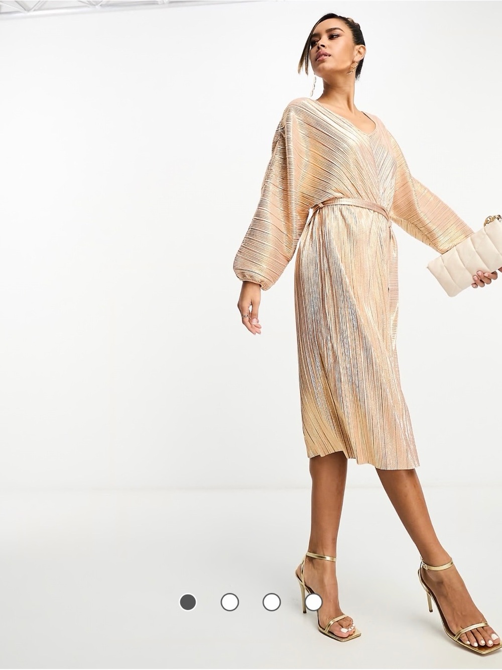 ASOS Metallic Pleated Midi Dress in Champagne Gold